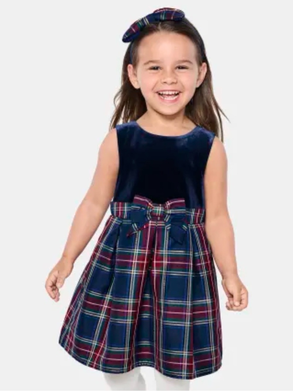 The Children's Place Navy Velvet Top Plaid Skirt Holiday Dress with Bow